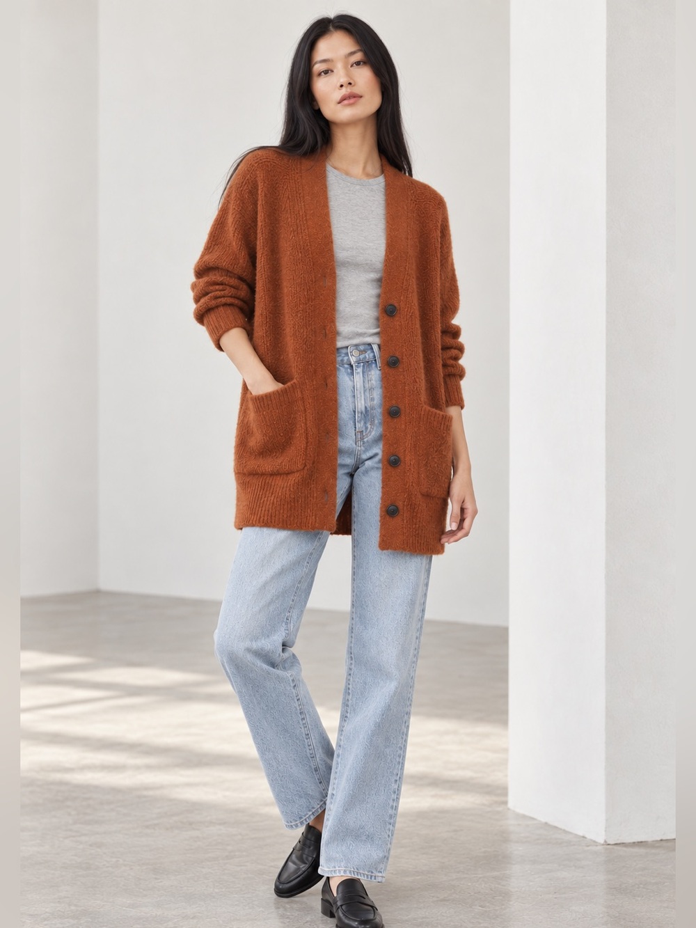 Everlane The Oversized Alpaca Pocket Cardigan Sweater Warm Brown XXS